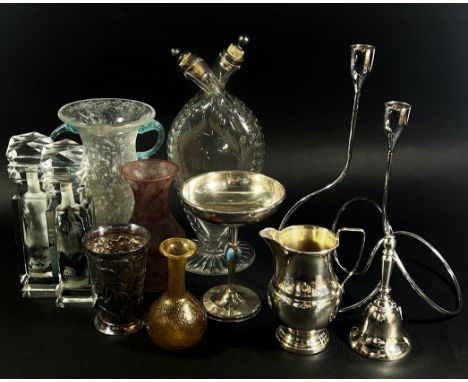 A miscellaneous collection of glass and silver plate items including a 19th century double spout Brandy and Whisky decanter w