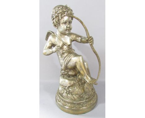 A classical statuette of Cupid letting loose an arrow, his gaze fixed on his victim, in a silver metal finish, raised on a ci