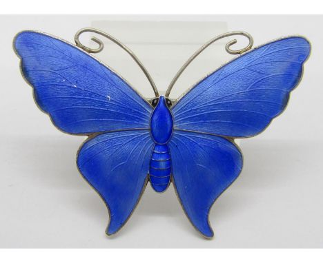 Large silver butterfly brooch with blue enamel ground, maker 'JA&amp;S', 6.5cm W approx 