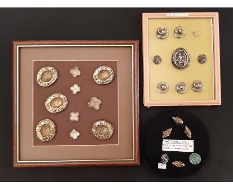 A collection of mid-20th century British glass buttons including a round button by Bimini with the flowerpot back stamp, a se