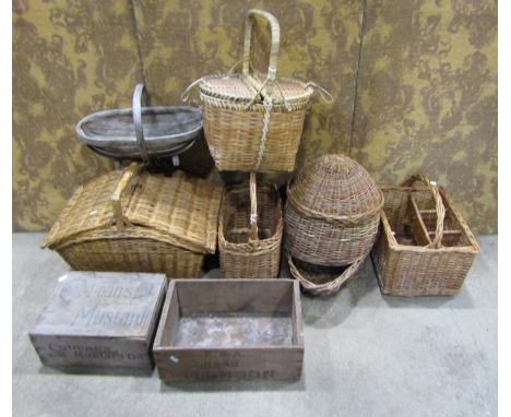 Five vintage and later wicker baskets of varying size, design and purpose, two vintage crates and a trug (8) 