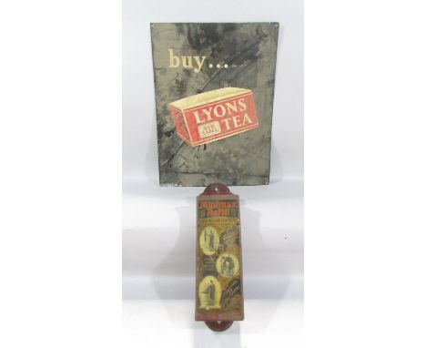A vintage enamel Lyons Red Label Tea advertisement sign, 51cm x 38cm and a Minimax fire extinguisher empty refill tin. 