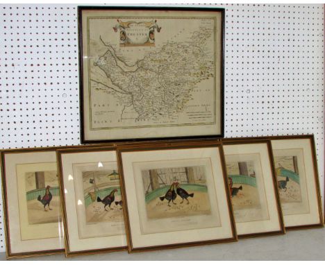 Seven engraved prints to include a map: Robert Morden (British, c.1650-1703) - 'The County Palatine of Chester' hand-coloured