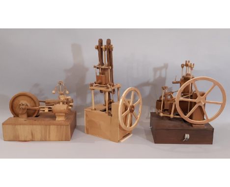 3 scratch-built wooden models of early steam engines including the following; a twin piston horizontal engine in working cond