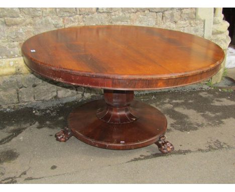 A 19th century rosewood breakfast table of circular form raised on a onion shaped pillar and domed platform base with lion's 
