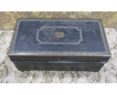 A small Georgian camphor wood and leather covered travelling trunk with brass banded detail, 80cm wide 