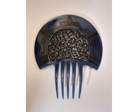 1920's French mantilla hair comb signed by Auguste Bonaz (1877-1922) in blue celluloid with central fretwork and Art Deco sty