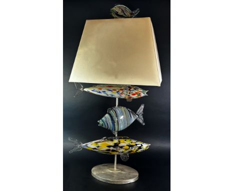 An unusual mid-century Murano glass fish lamp, with three fish swimming below the square cut shade and smaller fourth fish fl