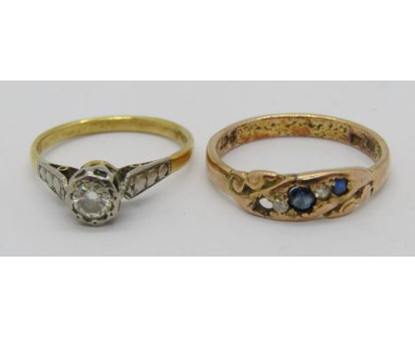 Yellow metal diamond solitaire ring, 0.25ct approx, size K, 2g and a 9ct sapphire and diamond gypsy ring (af), 2.1g (2) 
