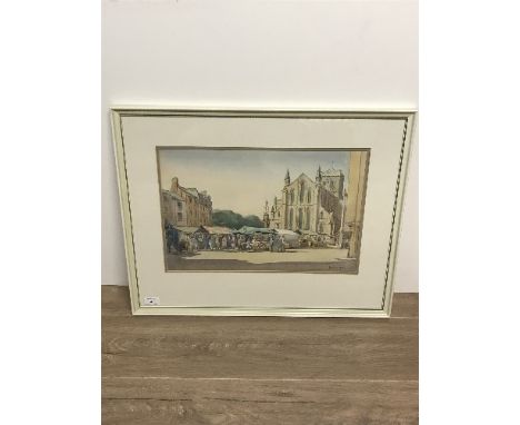 ALAN R COOK RSMA 1920-1974 WATERCOLOUR HEXHAM MARKET WITH ABBEY IN BACKGROUND 47 X 31CM