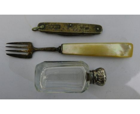 A silver pen knife, a silver topped scent bottle and a small mother-of-pearl handled silver cake fork
