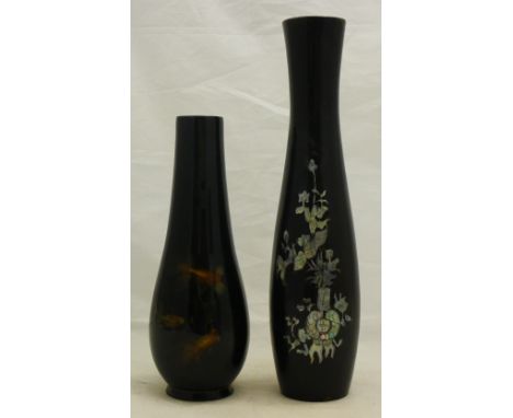 Two Japanese lacquered papier mache vases, one with mother-of-pearl inlay and the other decorated with goldfish