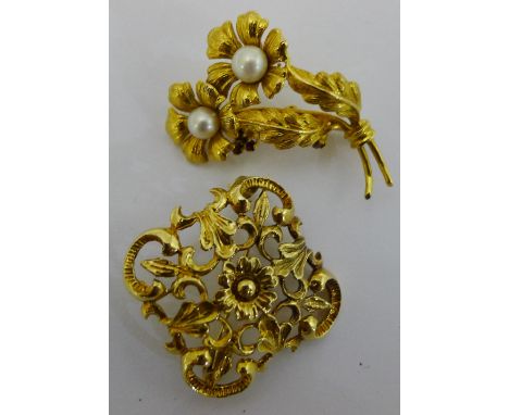 A 9 ct gold pearl and ruby set floral brooch, together with another 9 ct gold open worked brooch (15 grammes all in)