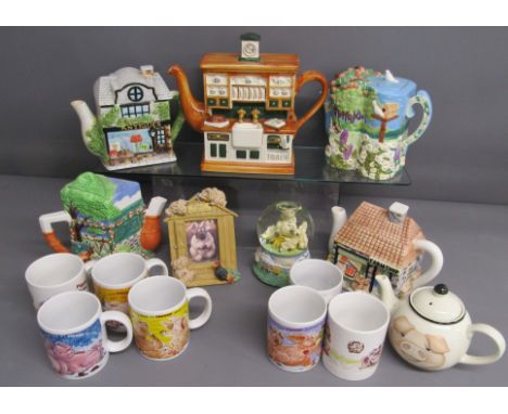 The Village &amp; Tony Carter teapots, Arthur Wood pig teapot,&nbsp;Piggin pigs snow-globe, picture frame and mugs