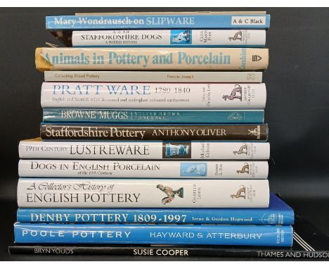 Selection of reference books on ceramics including Antique Collectors Club books on Lustreware, Dogs in English Porcelain, Pr