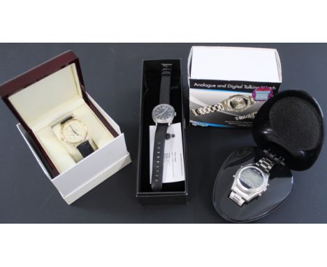 Three watches, Gems TV Black diamond leather band watch, Maplin Gadget analogue &amp; digital watch, Westminster limited edit