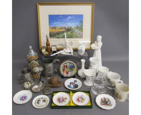 Dartington preserve jar with spoon, Hammersley trinket dishes, wooden acorn inkwell, silver plate, possibly small silver dish