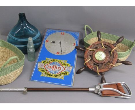 Smith's Crisps diamond jubilee advertising mirror with clock - Eldonian shooting stick - ships wheel barometer - large green 