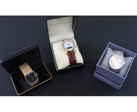 Three watches, Roberto Vecci Ana digital radio controlled watch, Genoa gents watch, Regency 17 jewel gold coloured bracelet w