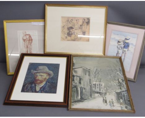 5 framed prints - Michelangelo nude man, Rutherford, Van Gogh, Utrillo and Edouard Van Goethem