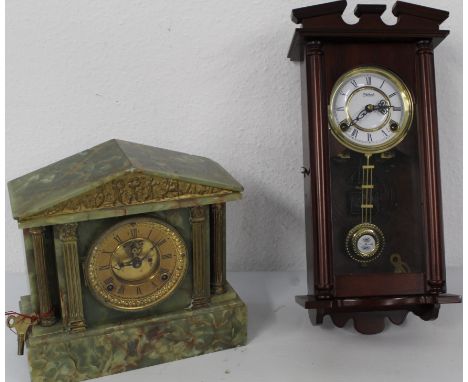 Victorian green onyx mantelpiece Ansonia Clock June 1881 (working but some damage) and a wooden wall clock