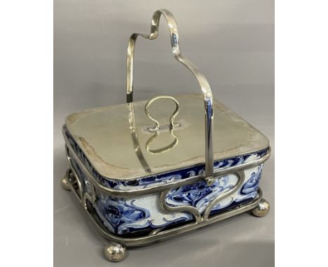 Moorcroft for Macintyre &amp; Co Florian Ware sardine dish in a silver plate frame, heavily crazed, 14cm w x 12.5cm d x 16.5c