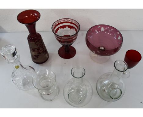 Mixed selection of glassware including cranberry glass, Bohemian ruby vases, lead crystal decanter, pair of blown glass decan