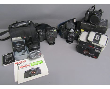 Pentax SF7 with pentax star skylight lens - Pentax MV with 50mm Asahi lens - Nikon coolpix L820 camera and Hanimex 35mm - als
