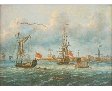 Framed oleograph of a naval battle scene, "Higgins and Bowers Tower Bridge Road London" printed on reverse of canvas. Frame s