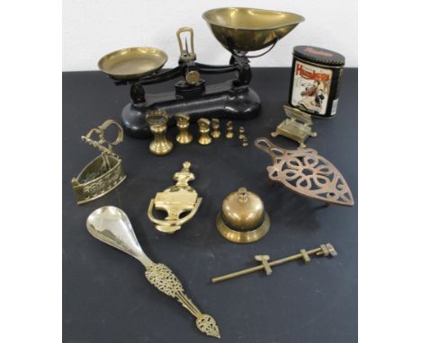 Libra Scale Co scales with bell weights, desk bell, brass door knocker, other brass items and a Humbugs tin
