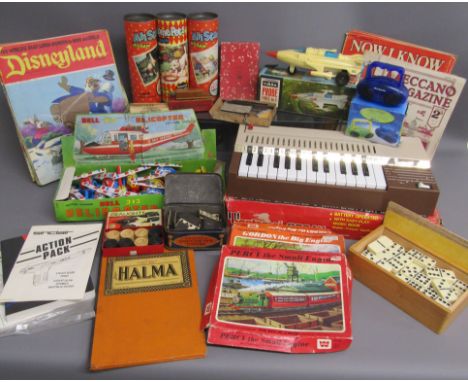 Vintage toys includes draughts, dominoes, Thomas the Tank Engine jigsaws, Bell 313 friction helicopters, Bontempi organ, boom