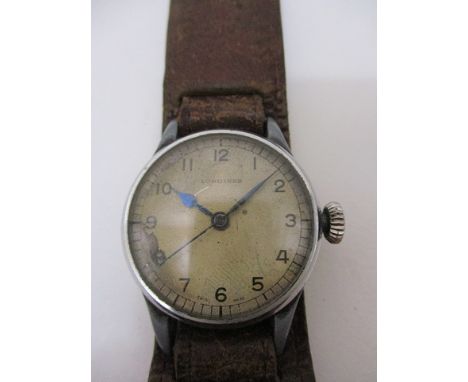 A gents WW2 military Longines wristwatch, the base metal case with stainless steel bezel and back, silvered dial (tarnished) 