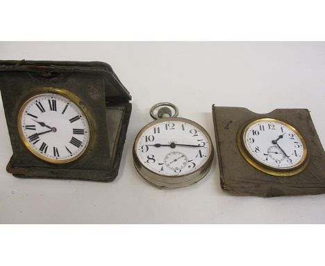 A nickel cased 8 day Goliath pocket watch, the white enamel dial with Arabic numerals, signed, 8 days, Swiss 8 day movement w