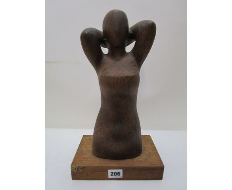 John Bickerdike 1895-1973 - Study Girl combing hair, Torso in oak, sculpture mounted on a squared oak base, Bradford Artists 