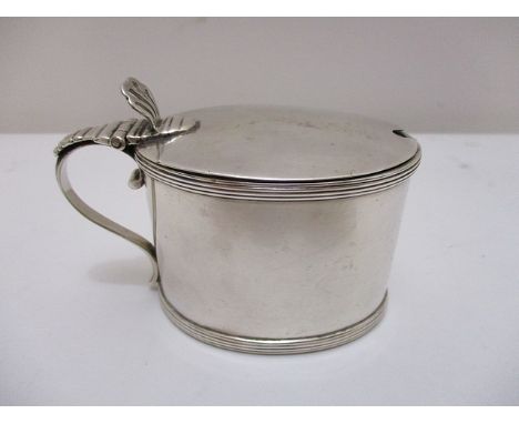A George III silver lidded mustard, possibly by I M London 1797, of oval form with a blue glass liner, 2 1/4 h, 119 grams app