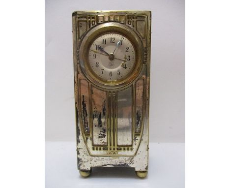 Junghans secession mantle clock, the silver plated clad frontis, with embossed ornament on an ebonized case with a silvered A
