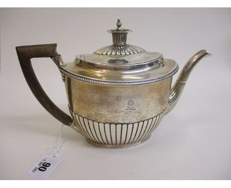 A George III silver teapot of Queen Anne style, feather and plume finial, reeded body, hardwood handle, Daniel Pontifex, Lond
