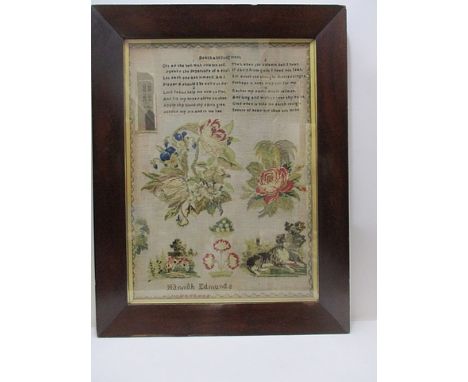 A mid Victorian sampler with a verse 'Death and Judgment' flowers, a building, a house and a landscape with a dog, by Hannah 