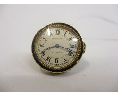 An Art Deco lady's Cartier gold and enamel pendant watch with attached jade rings. The gold case with red and black enamel, o