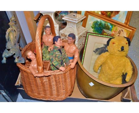 A pair of 19th century Rococo Revival brass and iron andirons; a pair of Chinese style lamps; a teddy bear: Action Man; etc (