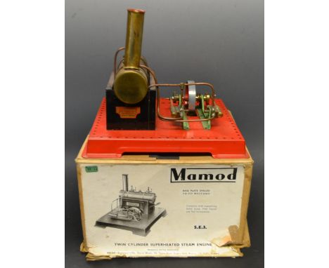 A Mamod S.E.3 stationary twin cylinder superheated steam engine, boxed with fuel