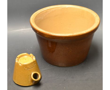 A H. Morrell London saltglazed castle top inkwell, registration lozenge for 24th January 1883, 6.5cm high;  a saltglazed plan