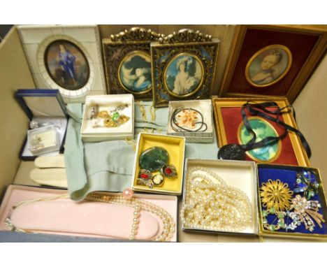 Costume Jewellery - Pompadour simulated pearls, boxed; brooches; portrait miniatures; lady's kid gloves; etc