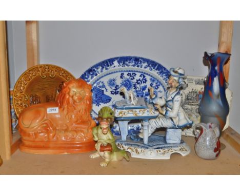 Ceramics - a W and F Coalport blue and white oval meat plate; a Capodimonte pianist; a Melba caricature Crocodile; etc.; quan