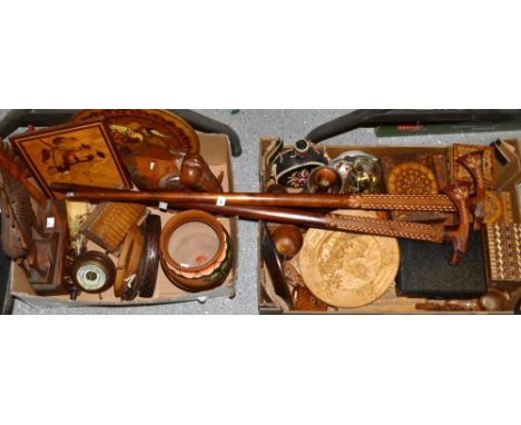 Treen - Tirolean pokerwork; jewellery boxes; trinket boxes; hand carved walking sticks; shoe shaped table snuff; cottage; a h