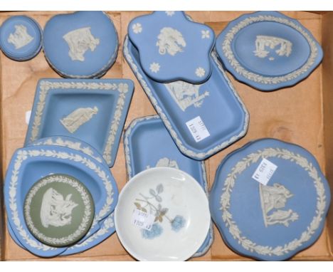 A Wedgwood Jasperware shaped circular trinket box; a pair of Wedgwood Jasperware canted rectangular pin trays; a Wedgwood Ice