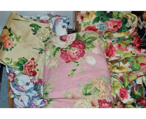 Textiles - a Sanderson fabric bespoke three seater loose sofa cover, cabbage roses on white ground;  a large pair of Sanderso