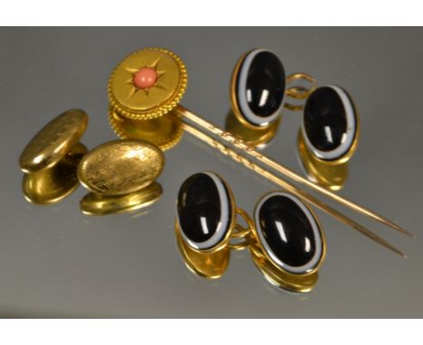 A pair of agate stone cufflinks; a gold coloured tie pin with coral stone; etc.