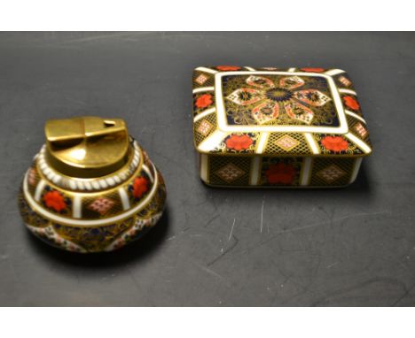 A Royal Crown Derby 1128 Imari table lighter, printed marks, a seconds quality 1128 trinket box and cover (2)