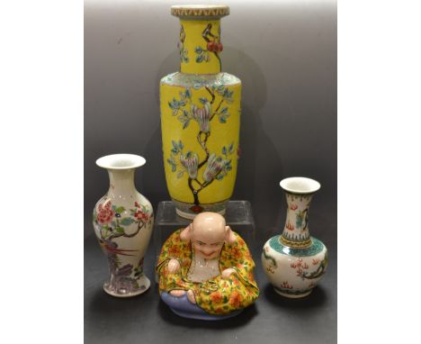 Chinese Porcelain - a Chinese baluster vase, decorated in polychrome with fanciful birds, Kangxi marks but later; a Chinese f